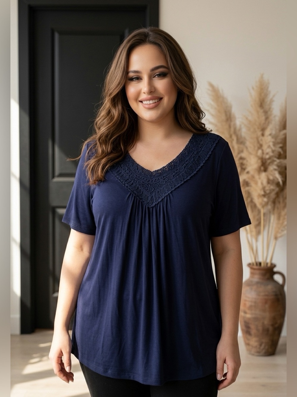 NWT Folunsi Chic Navy Women's Blouse with Lace Detail